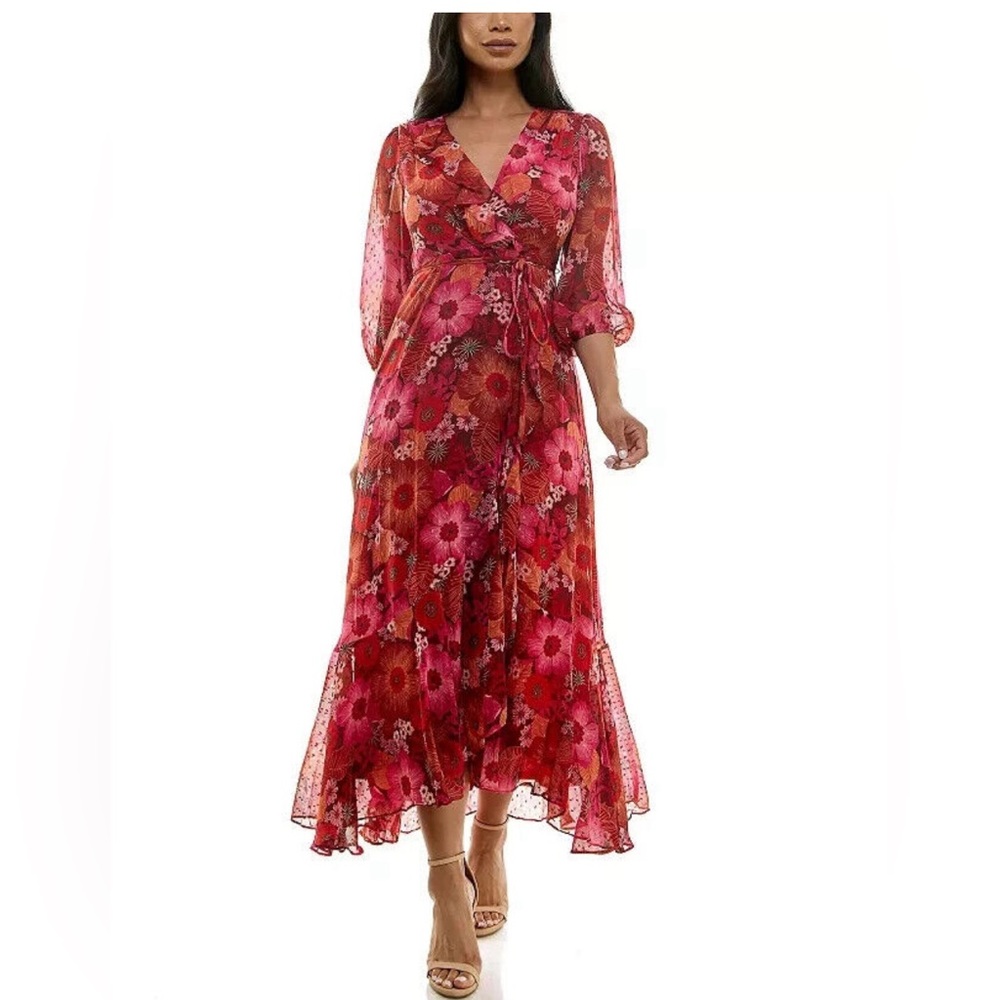 NWT Maison Tara‎ dress size 4 red & pink floral wrap Maxi dress PERFECT❤️